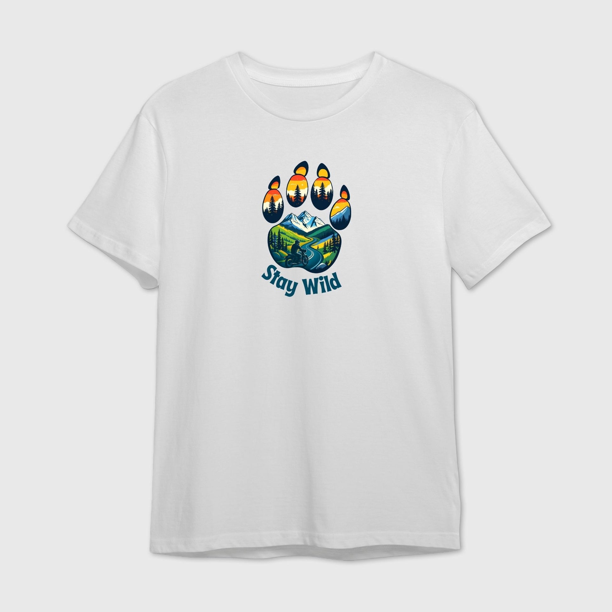 White t-shirt with a colorful bear paw graphic and 'Stay Wild' text
