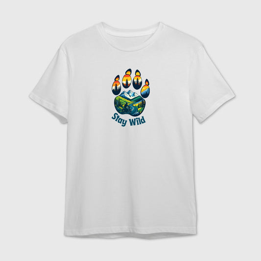White t-shirt with a colorful bear paw graphic and 'Stay Wild' text