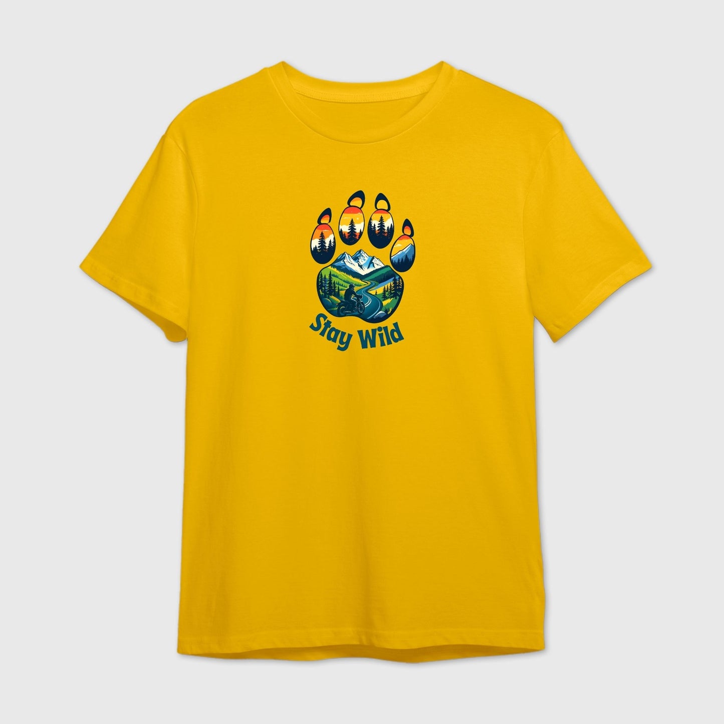 Yellow t-shirt with a colorful bear paw graphic and 'Stay Wild' text