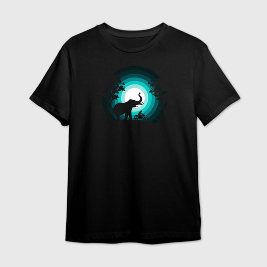 Black t-shirt featuring a radiating moon graphic with a silhouette of an elephant and a rider