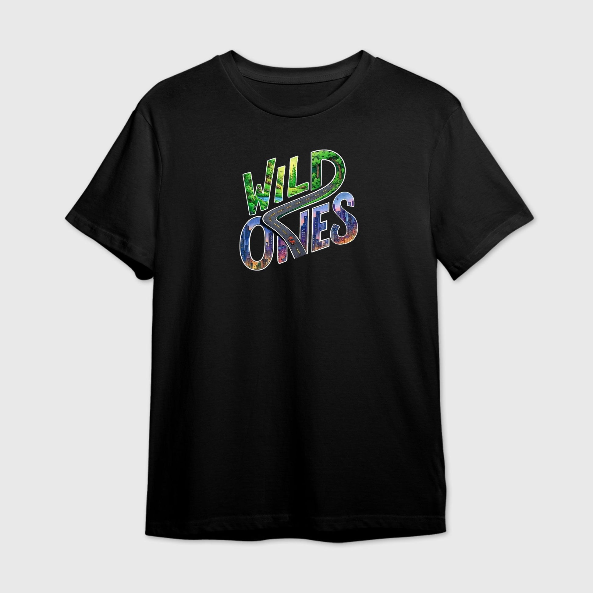 Black t-shirt with 'Wild Ones' text in colorful letters