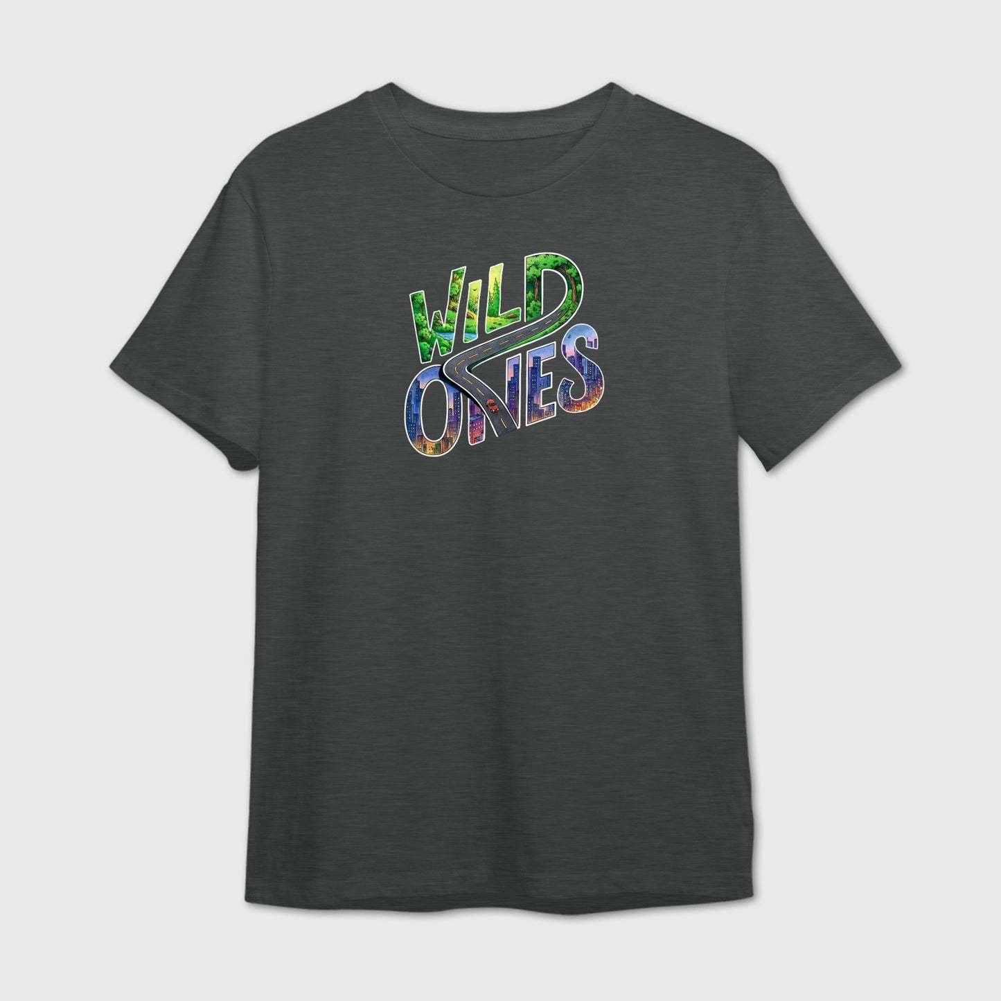 Dark grey t-shirt with 'Wild Ones' text in colorful letters