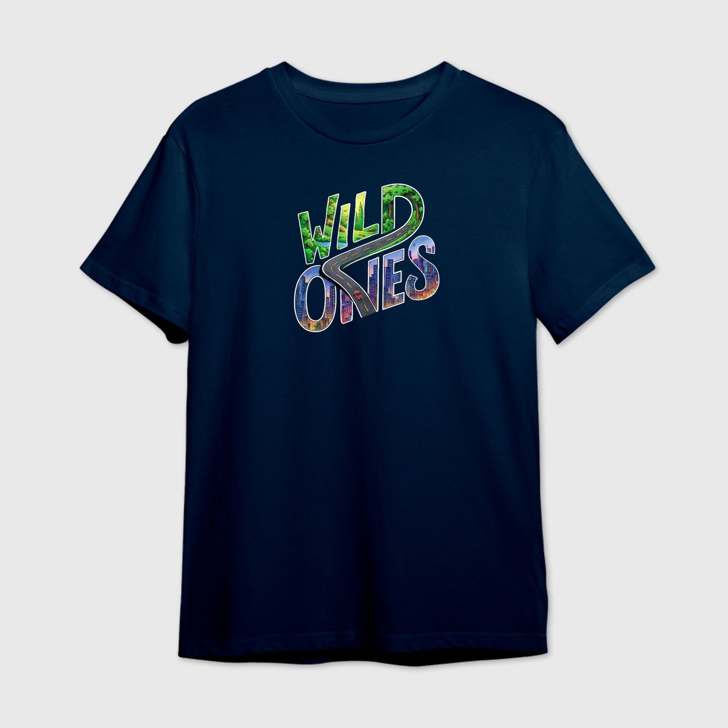 Navy Blue t-shirt with 'Wild Ones' text in colorful letters