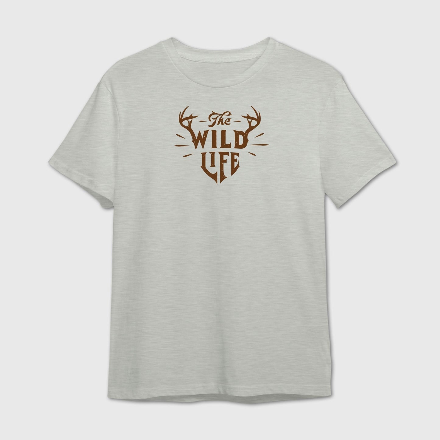 Gray t-shirt with 'The Wild Life' text and deer antlers design