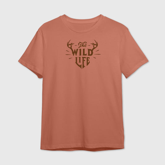Salmon Pink t-shirt with 'The Wild Life' text and deer antlers design