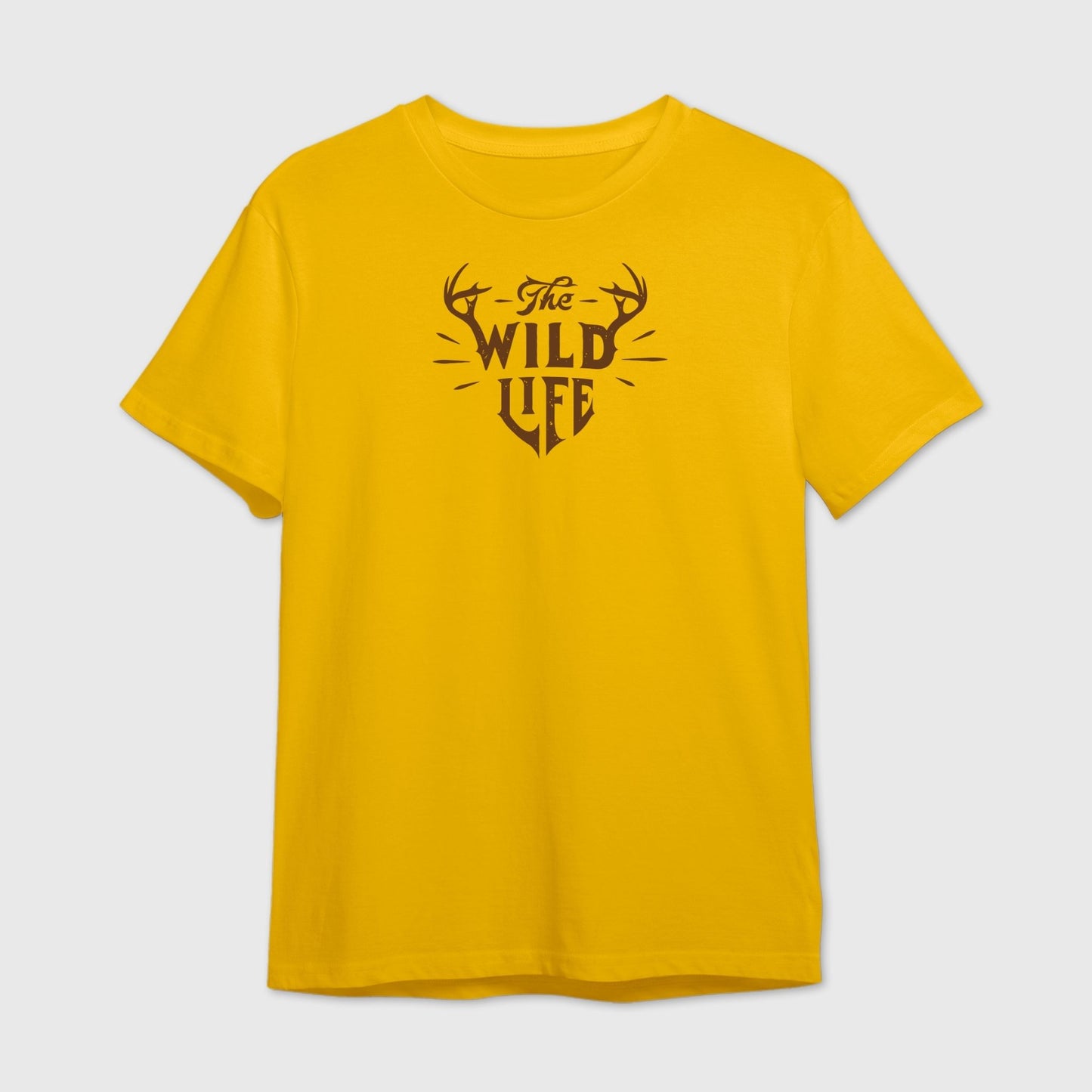 Yellow t-shirt with 'The Wild Life' text and deer antlers design