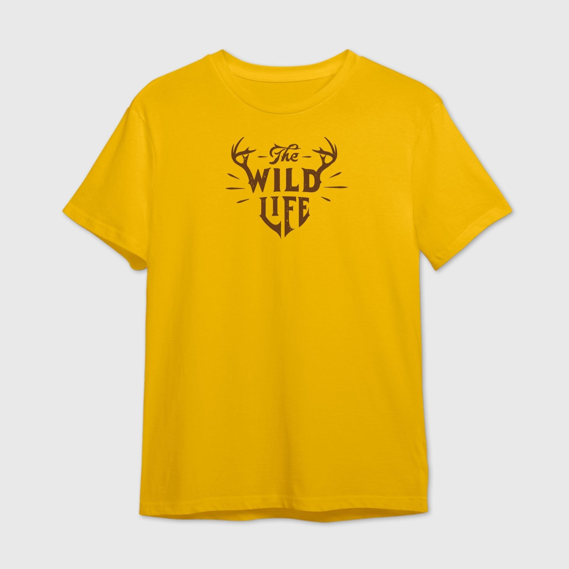 Yellow t-shirt with 'The Wild Life' text and deer antlers design