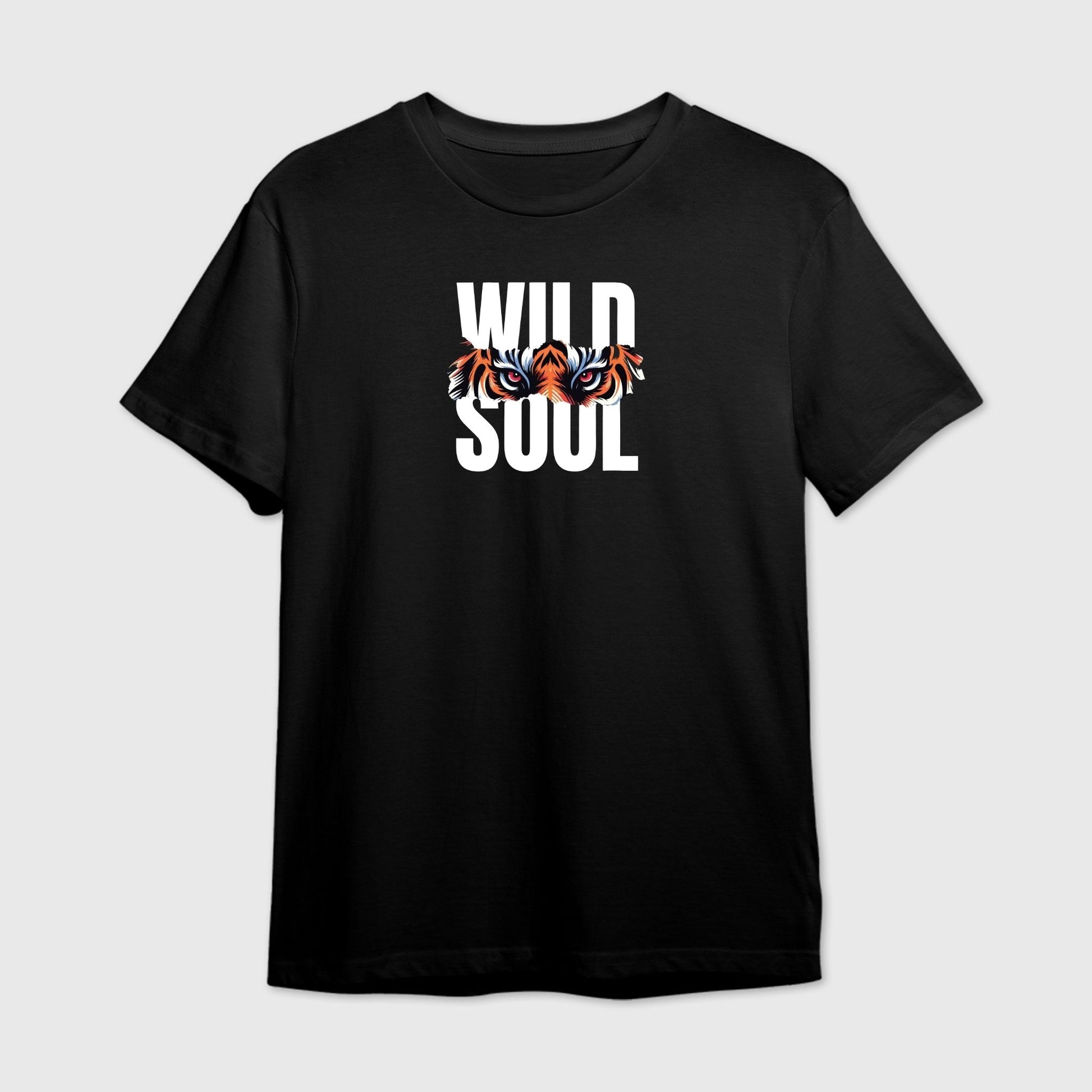 Black t-shirt with tiger eyes graphic in between 'WILD SOUL' text