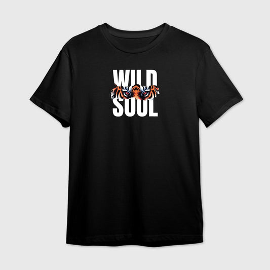 Black t-shirt with tiger eyes graphic in between 'WILD SOUL' text
