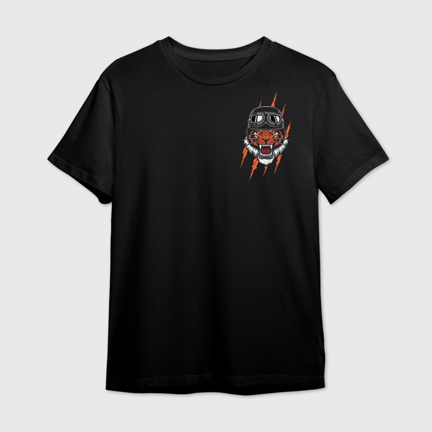 Black t-shirt with a graphic of a tiger wearing goggles