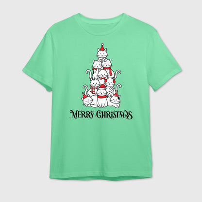 Mint Green t-shirt with a Christmas-themed design of cats in a tree formation and 'Merry Christmas' text at the bottom.
